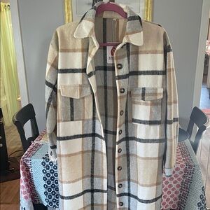 Plaid Long Button-Front Coat in Cream, Tan & Gray